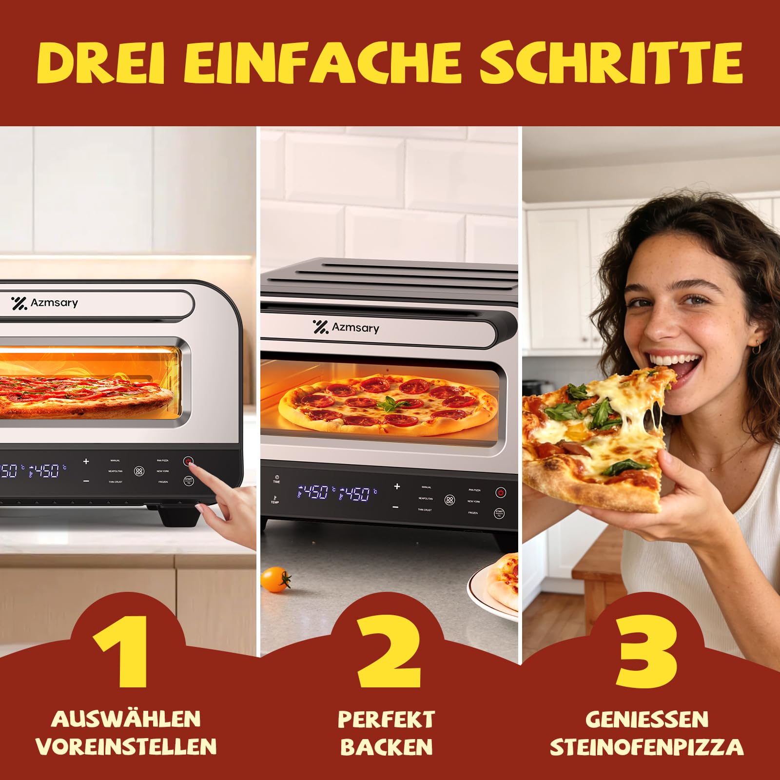Elektrischer Pizzaofen - 6 Programme, 1700W, max. 450°C, geeignet für 32cm Pizzen - 5-in-1-Multifunktion: Pizza, Grillen, Warmhalten, Backen und Kochen