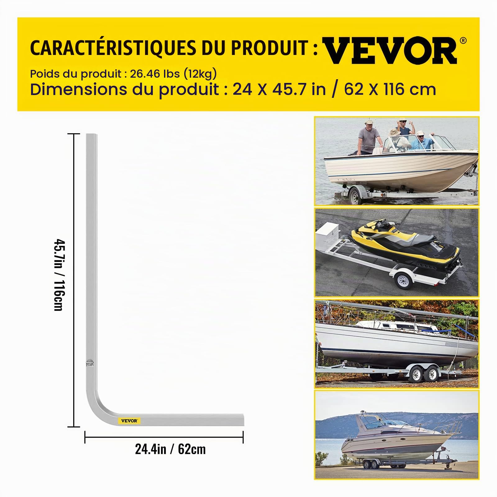 VEVOR Guides de Remorques de Bateaux 62x116 cm, Une Paire de Guide de Mise à l’Eau en Aluminium, Résistants à la Rouille avec Largeur Réglable, pour Jet-Ski Bateau de Pêche Voilier Dériveur Marin