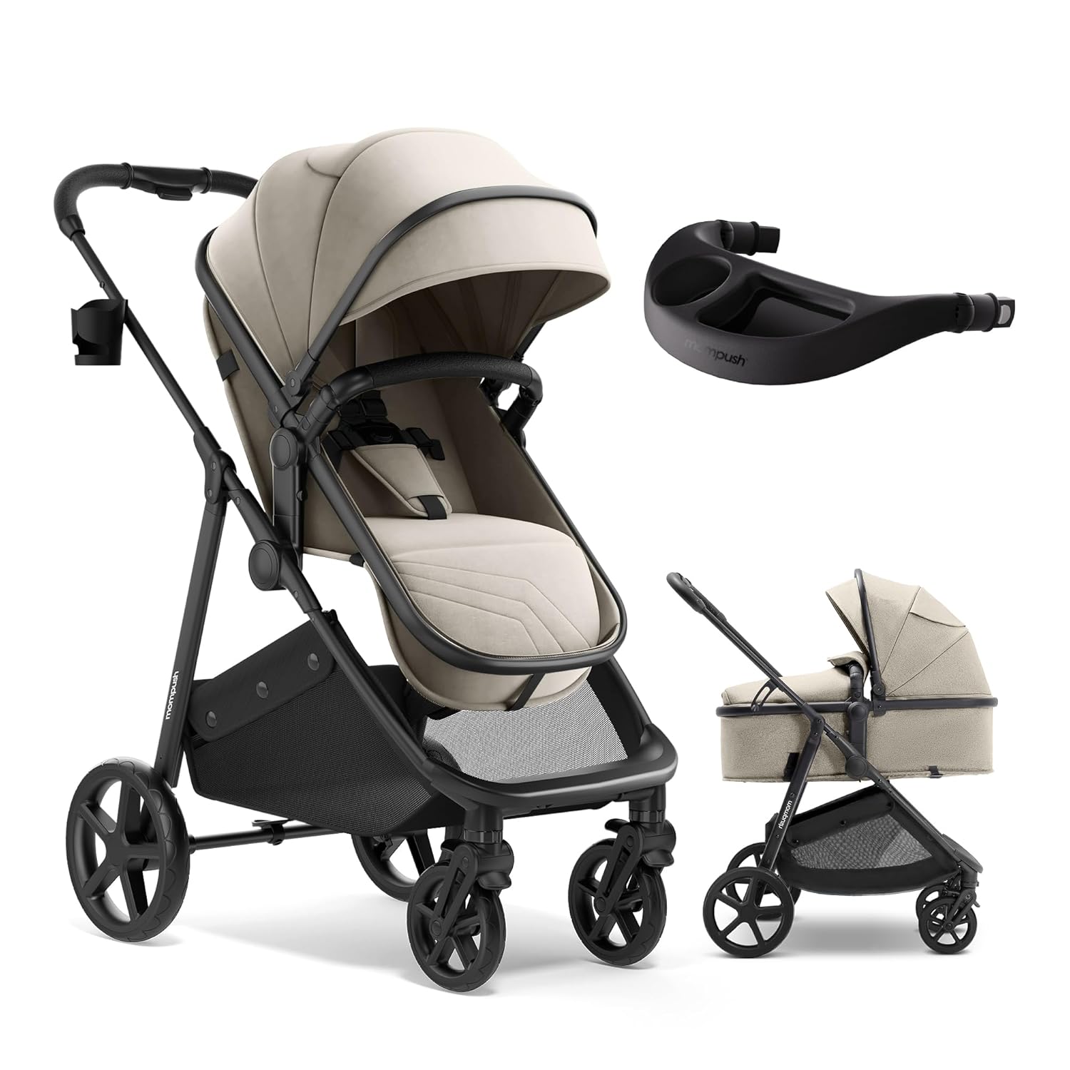 Mompush Wiz 2 in 1 Baby Stroller with Infant Pramette Mode, One Hand Fold Convertible Newborn to Toddler Stroller with Reversible Seat and Large UPF 50+ Canopy, Snack Tray