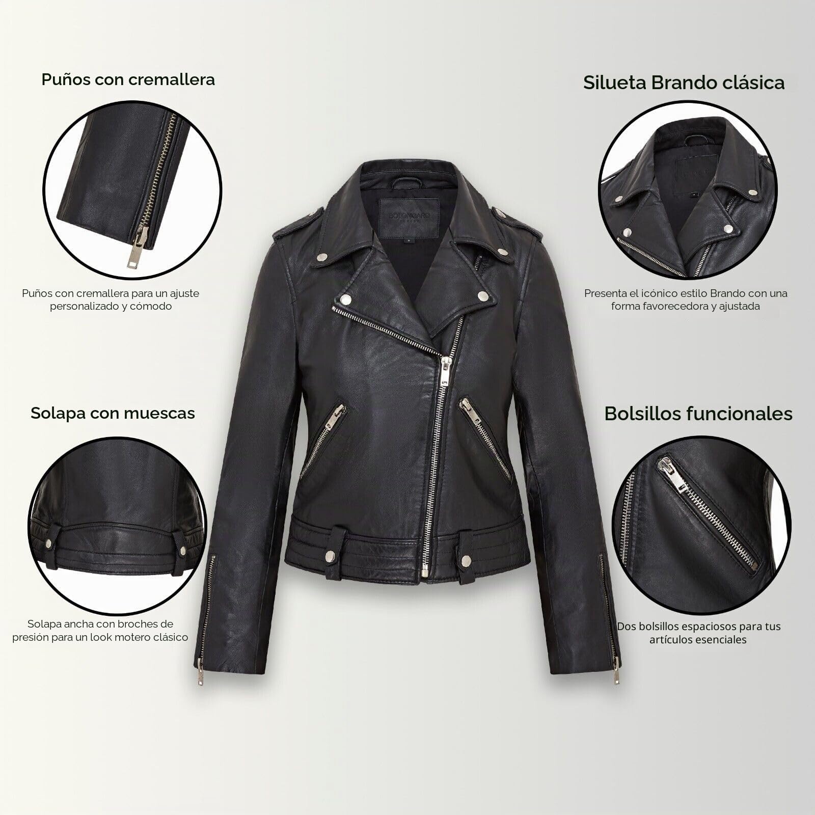 Infinity Leather Chaqueta de Cuero Estilo Motero Brando Clásica Negra Para Mujer