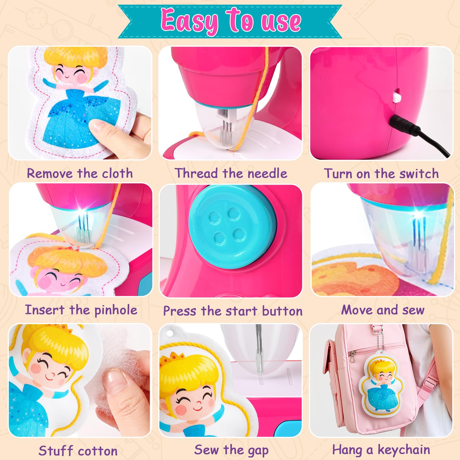 vamei Mini Macchina da Cucire Bambina, Sewing Machine Elettrica con Tessuti, Fili, Accessori Completi, Kit Cucito Bambini, Kit Lavoretti Creativi per Bambini, Regalo Bambina 3+ Anni