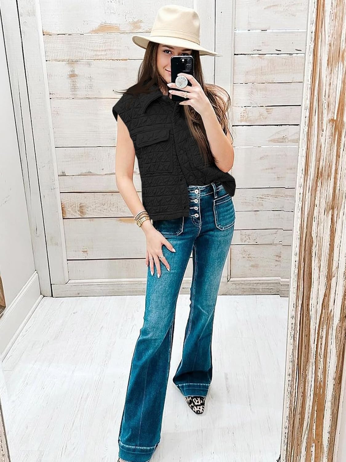 Cicy Bell Womens Lightweight Quilted Vests Cargo Button Down Cropped Sleeveless Jackets Fall Loose Fit Gilets with Pockets - Image 4