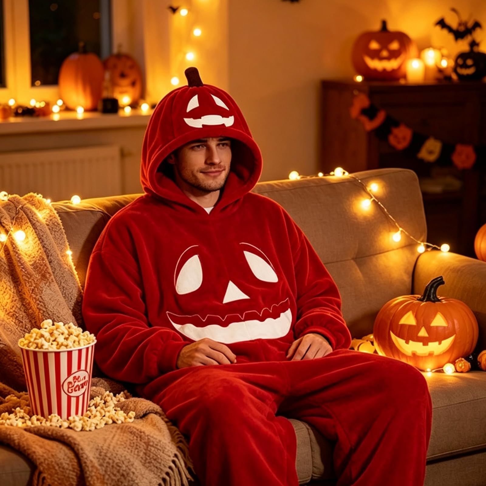 Pigiama Halloween con Cappuccio per Adulti | Indumenti da notte in pile zucca, tuta da salotto accogliente, abito fotografico autunnale, rilassante