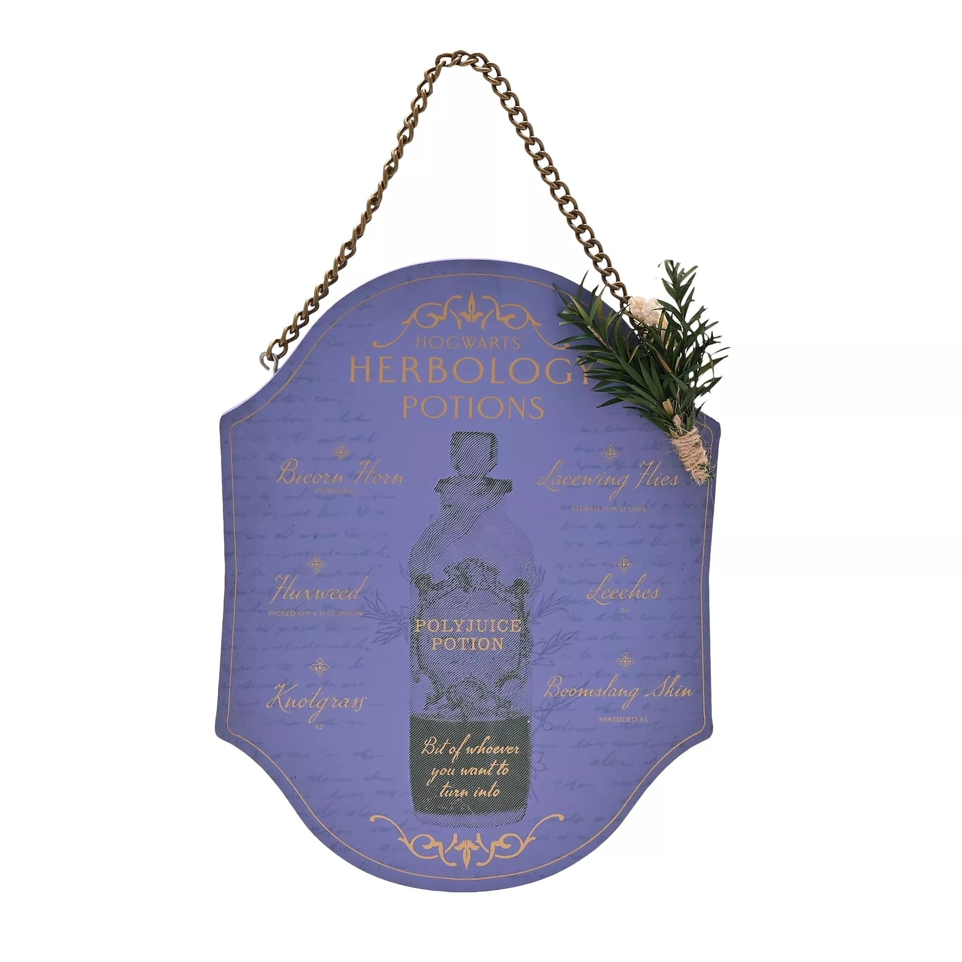 Widdop And Co Purple With Gold Lettering Warner Bros Harry Potter Herbology Potions Polyjuice Wall Plaque With Chain Hanger, Purple With Gold Details, Shield Shape, 23.5Cm