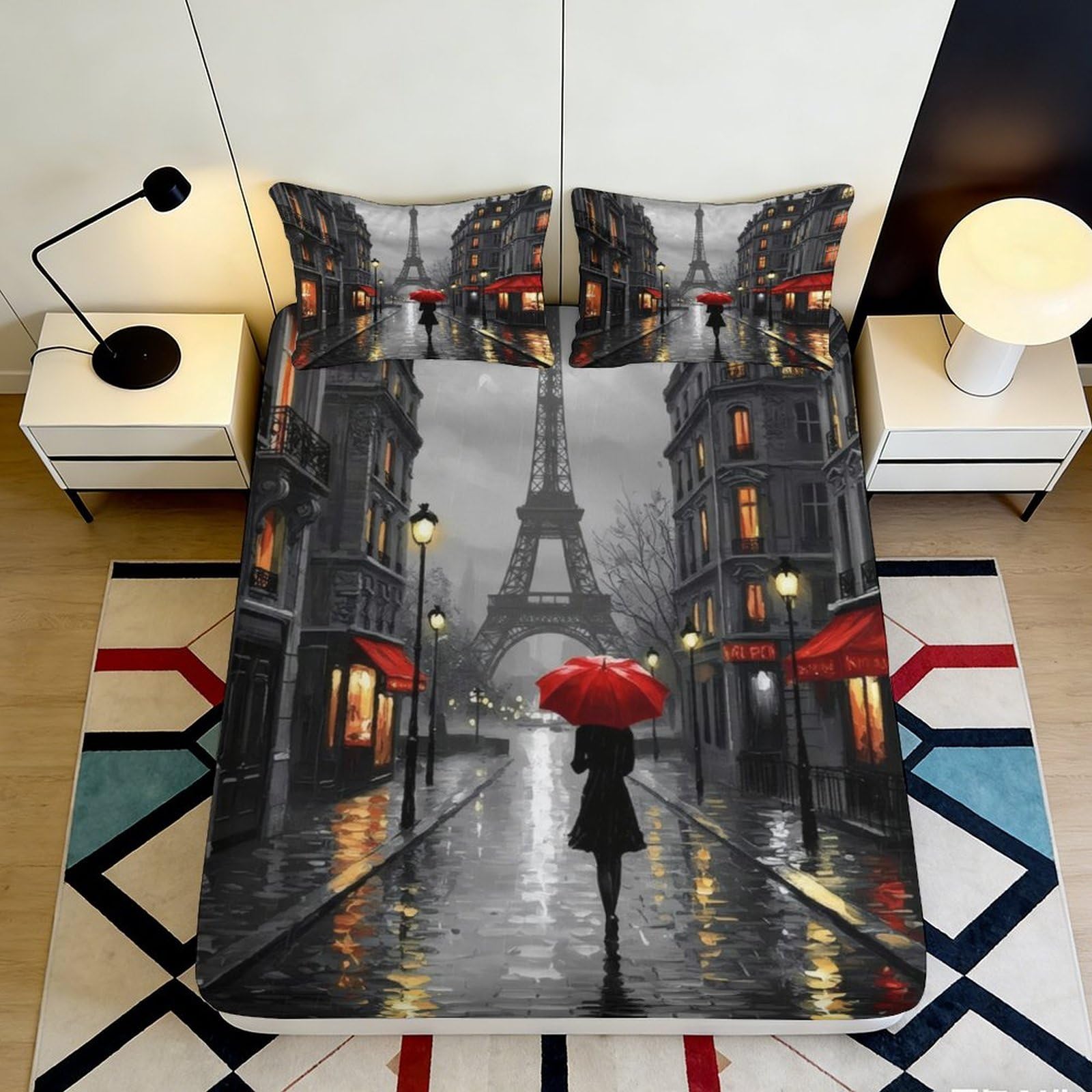 3D Printed Paris Street View Fitted Sheet Microfiber Soft Waterproof Eiffel Tower Bed Cover for Bedroom Dorm Decor 90x200x25cm