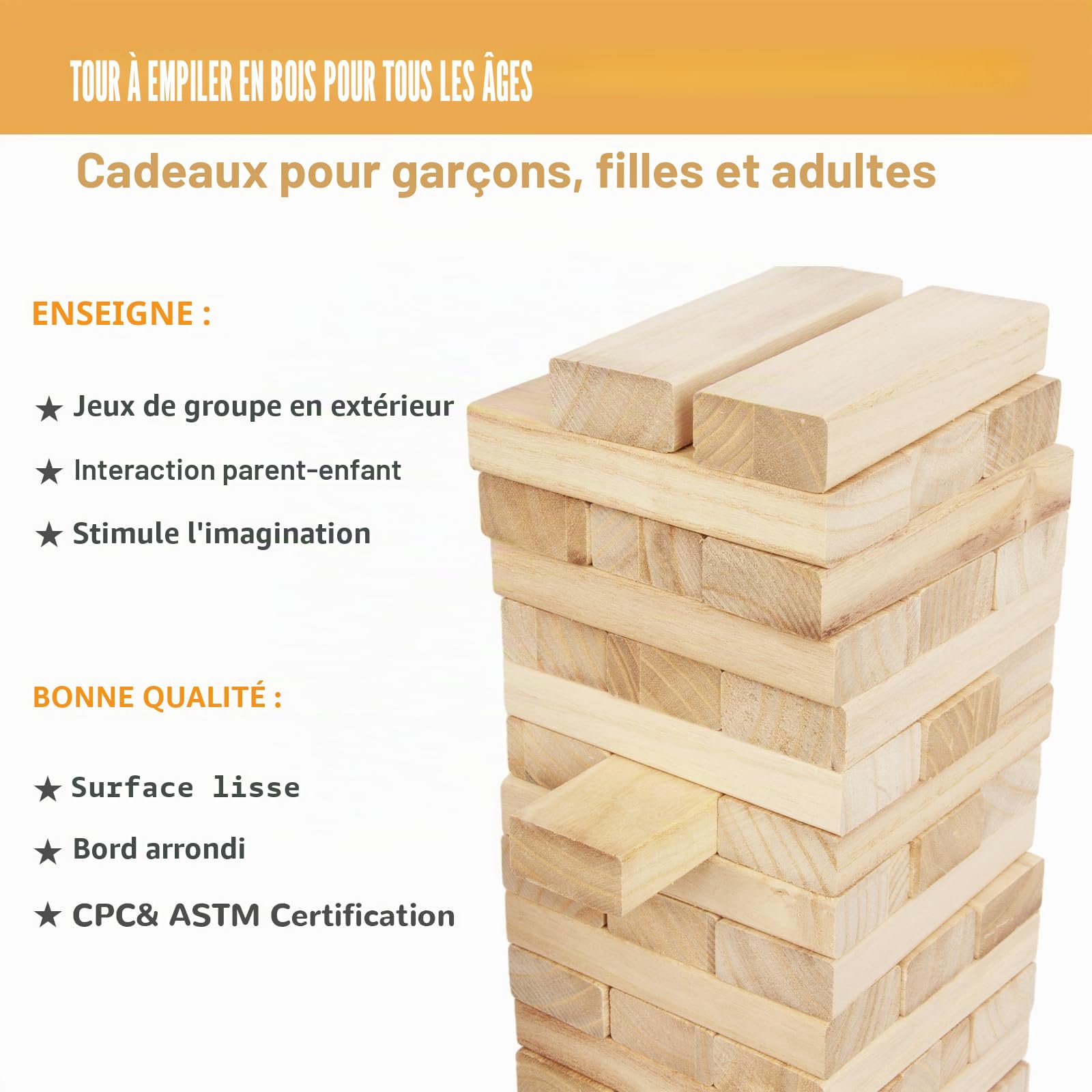 WOODENFUN Tour géante en bois empilable de 0,4 m à 1,2 m, jeux de tour géante, jouets pour enfants, adultes et familles (couleur bois)