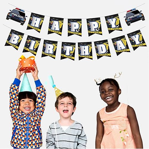 Vista 6 de Juego de decoración de fiesta de cumpleaños de policía, suministros de fiesta temática de policía para niños, incluyendo pancarta de feliz