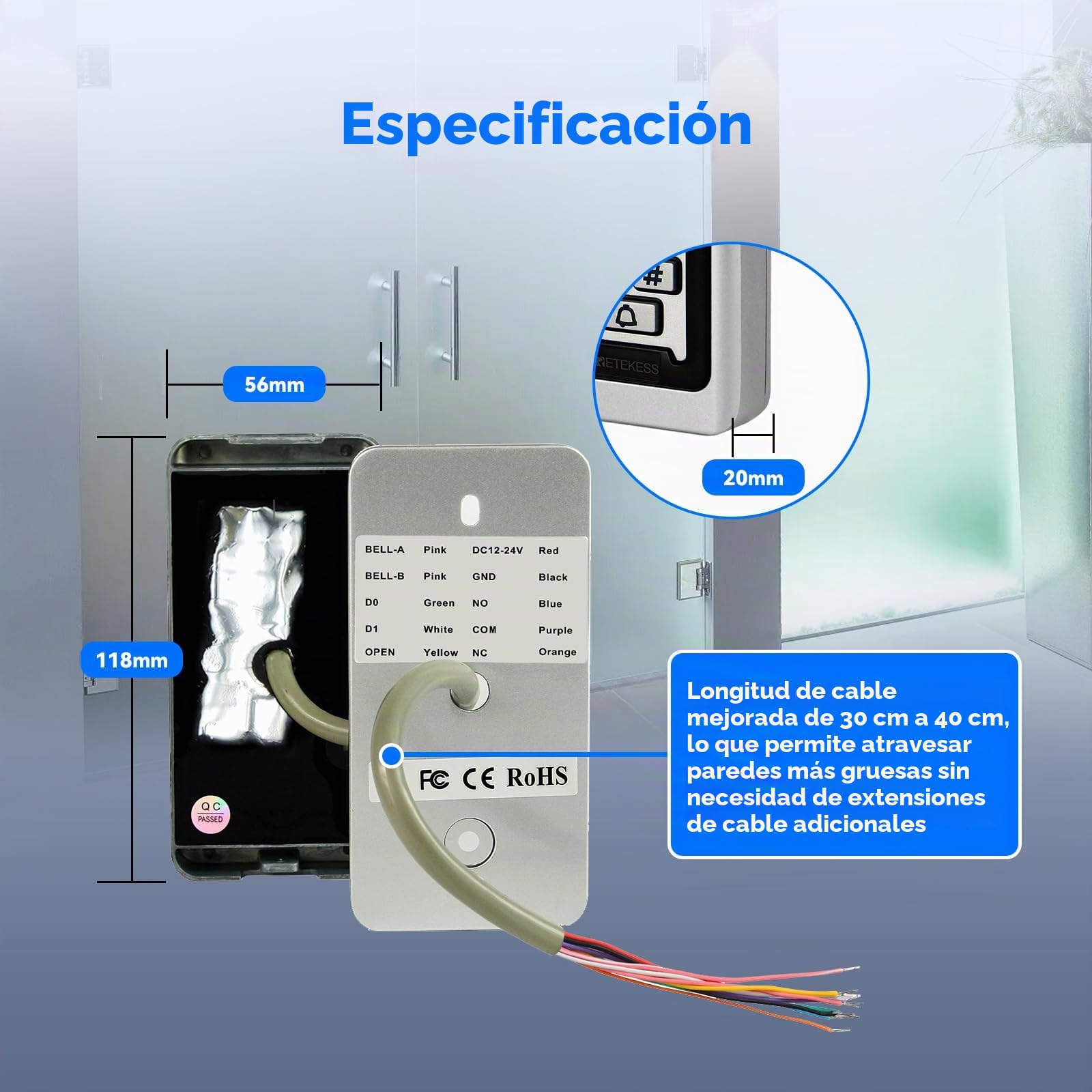 Retekess T-AC03 Control de Acceso Puerta, Teclado Acceso Impermeable IP68, Teclado Táctil Proximidad para RFID Sistema de Control de Acceso 125KHz Retroiluminación 2000 ID Wigan 26 Garaje Departamento