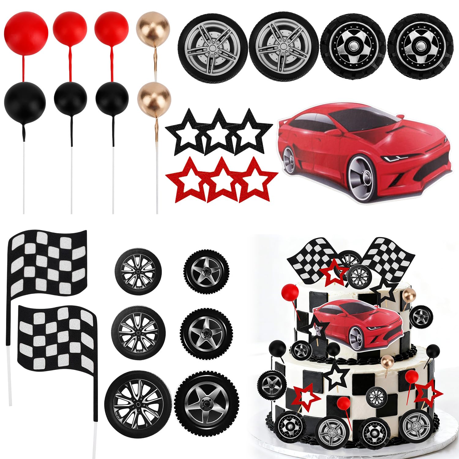 27pcs Racing Wheel Cake Toppers Set, Race Car Tire Checkered Flag Cake Cupcake Decoration for Boys Kids Racing Theme Birthday Party Favors & Supplies