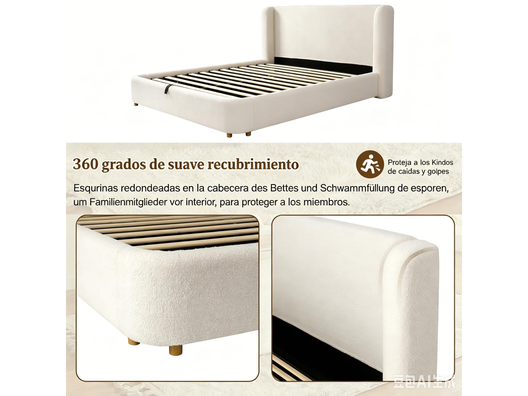 Mrwoo Cama Tapizada 160x200cm de Almacenamiento Hidráulico, Cama con Somier de Láminas, Bouclé, Beige (Cama Sin Colchón)