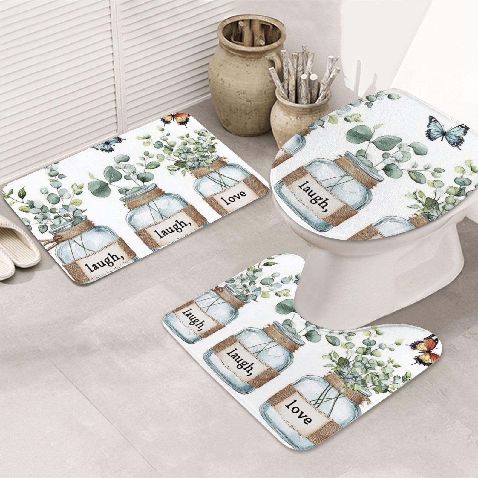 Juego de 3 alfombras de baño con estampado de plantas verdes