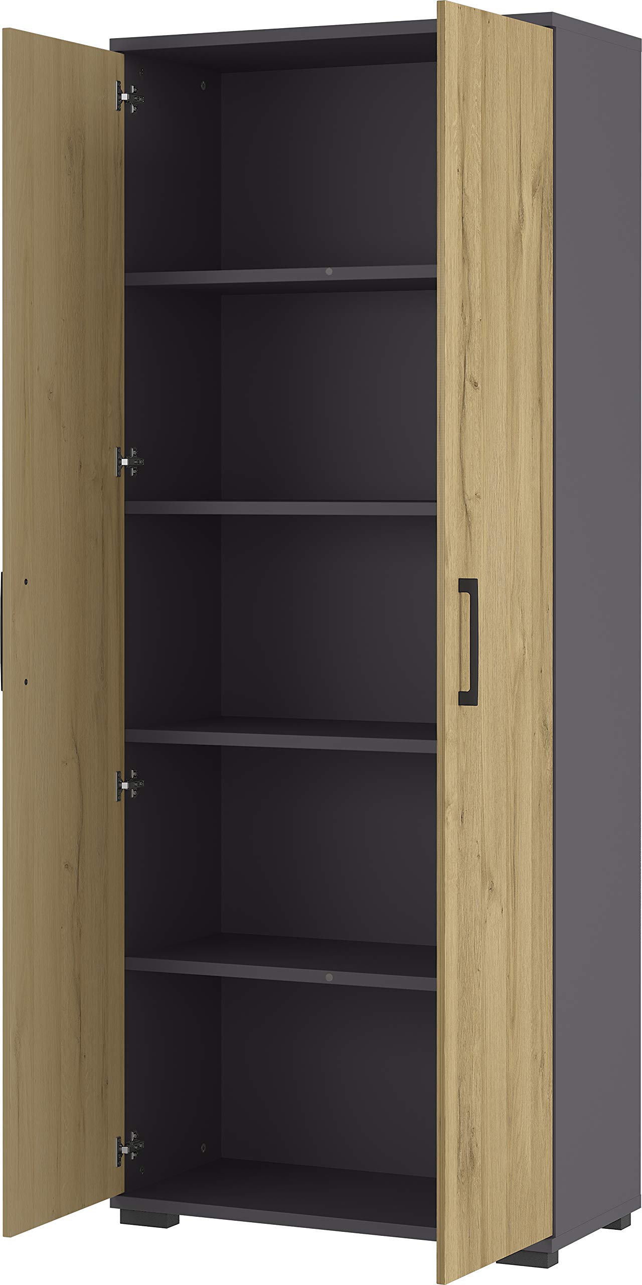 Aktenschrank mit Zwei Türen, fünf Fächer in Ordnerhöhe, Bügelgriffe aus Metall, in Graphit/Eiche, 80 x 200 x 40 cm (BxHxT)