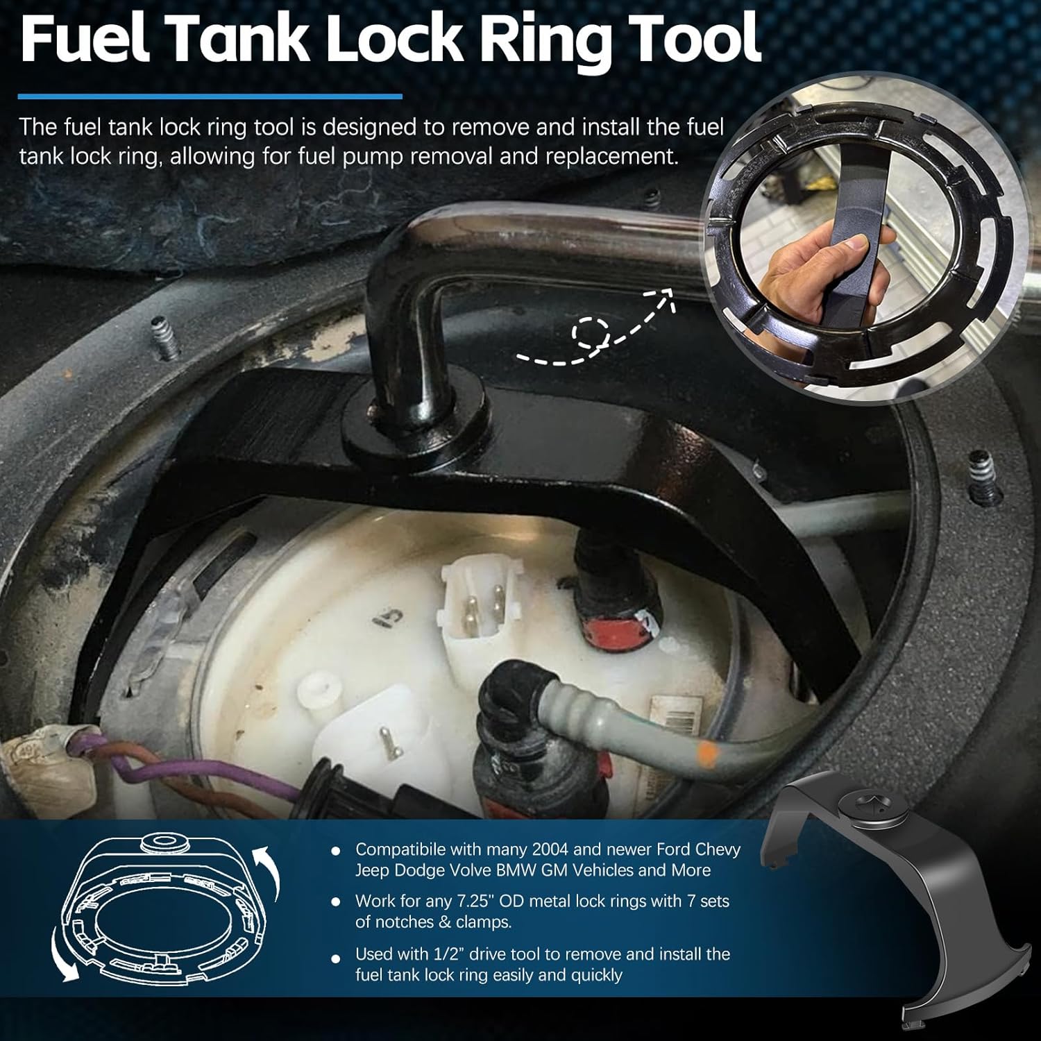 Fuel Pump Tank Seal & Lock Ring Tool Kit Compatible with GM, Chevy, Ford, Chrysler, Dodge, Jeep, and More, – 911-245 Fuel Tank O-ring, LO164 Fuel Tank Lock Ring, 6599 Fuel Tank Lock Ring Wrench Tool