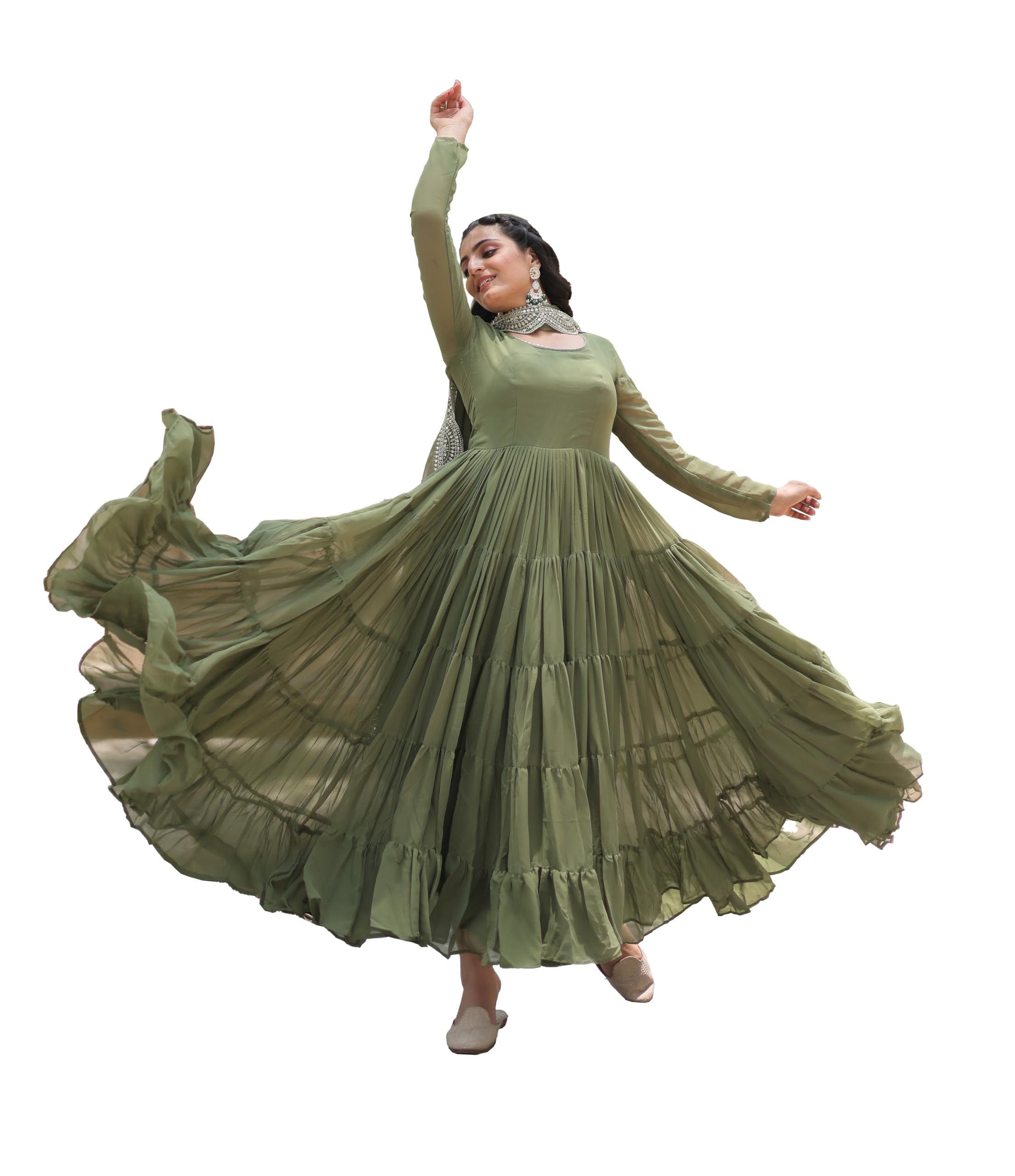 Fashion Basket Women's Georgette Solid Anarkali Dress Green