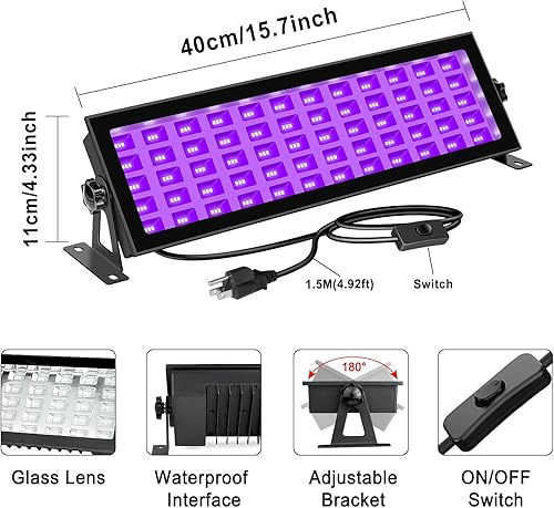 Miniatura 10 de Barra de luz negra de 120 W, luz negra LED con enchufe, luz de inundación de luz negra, luces negras IP66 para exteriores para fiesta brillante,