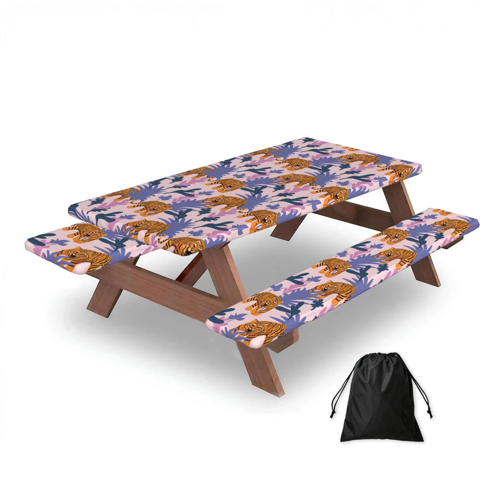 Dopklna As Picture Tigers In The Jungle, Picnic Table Cover With Bench Covers -Waterproof Elastic Fitted Tablecloth For Garden Camping Patio 76X152cm