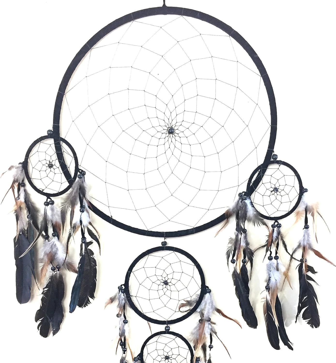 Dream Catcher X Large Huge Hand Crafted Black Traditional Dreamcatcher with Feathers & Beads Intricate Details - 17" Diameter & 42" Long - OMA® Federal (TM) Brand