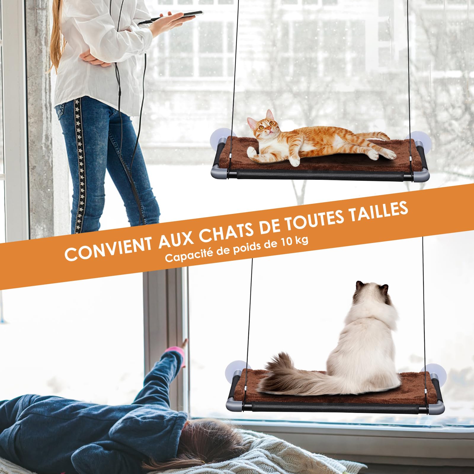 Zvonema Hamac Chat Fenetre jusqu'à 10kg, Hamac pour Chat avec Ventouse Puissante, Couverture Marron & Cadre en Acier Inoxydable, Facile à Installer Supporte,67 x 38 cm