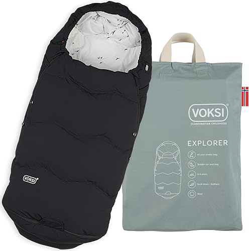 Explorer - Saco para cochecito de bebé, lana natural y plumón, ajuste universal, multiusos, diseñado en Noruega, bolsa de banderines para cochecito