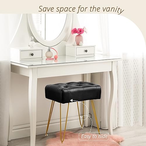 Miniatura 6 de LUE BONA Taburete rectangular moderno de piel sintética silla de tocador para sala de maquillaje reposapiés otomano negro banco de entrada con patas