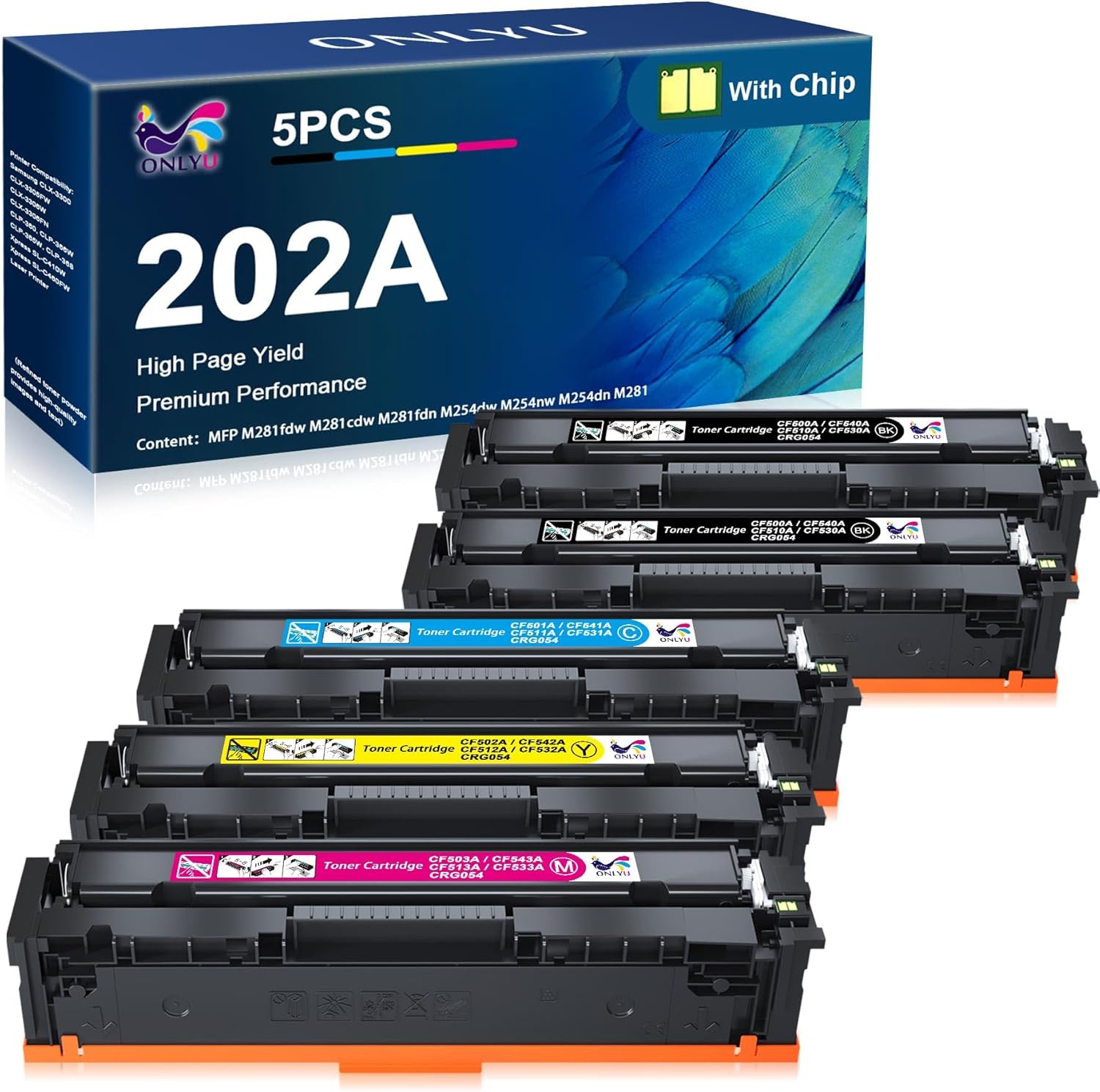 ONLYU Compatible Toner Cartridge Replacement for HP 202A CF500A 202X LaserJet Pro MFP M281fdw M281cdw M281fdn M254dw M254nw M254dn M281 Toner Printer (2 Black, 1 Cyan, 1 Yellow, 1 Magenta)