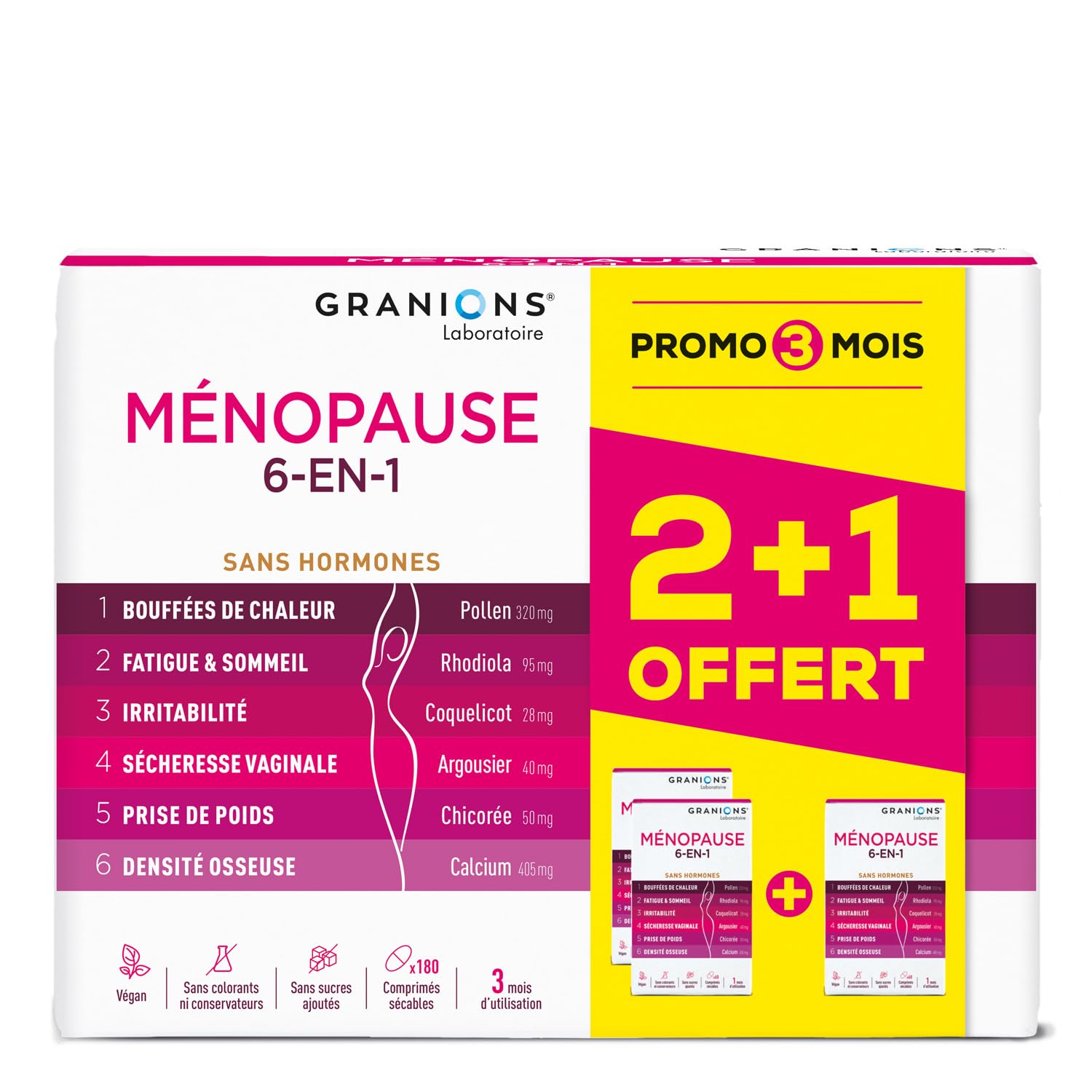 GRANIONS - MENOPAUSE 6-EN-1-3 MOIS | Menopause Bouffee de Chaleur et Poids - Ménopause Perte de Poids - Bouffees de Chaleur, Fatigue, Irritabilité, Perte de Poids, Densité Osseuse - 180 Comprimés