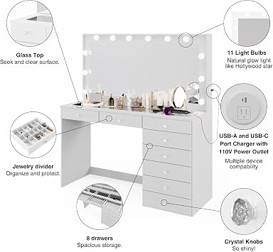 Boahaus Ketevan Modern White Makeup Vanity Desk with Mirror Lights, Power Outlet with USB Ports, 8 Drawers, Glass Top, Jewelry Divider, and Crystal Knobs for Bedroom