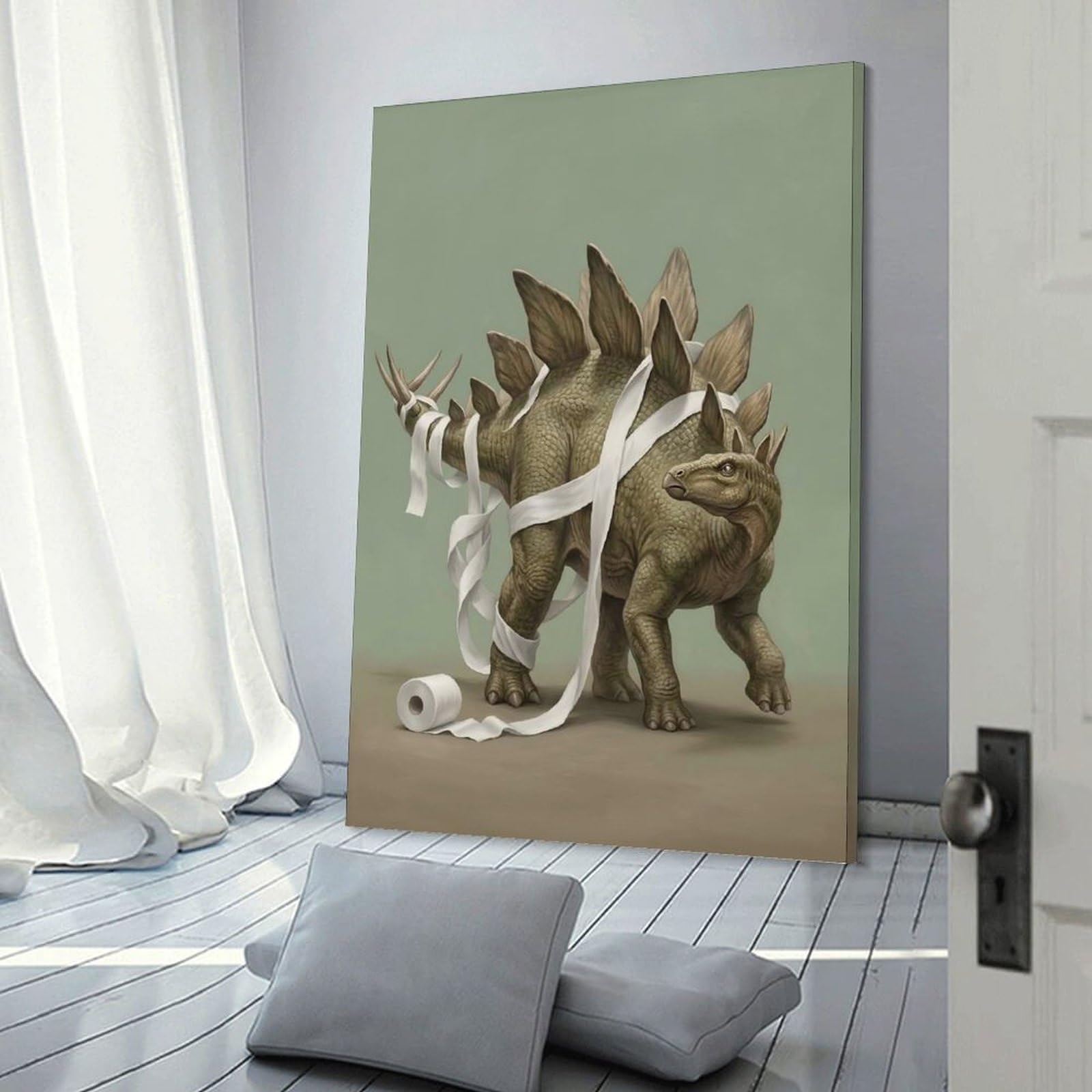 Junmoney Canvas Art Print Stegosaurus Wrapped in Toilet Paper, 08x12inch(20x30cm), for New Homes, Bedrooms Or Workspaces, Thoughtful Wall Decor for Art Lovers