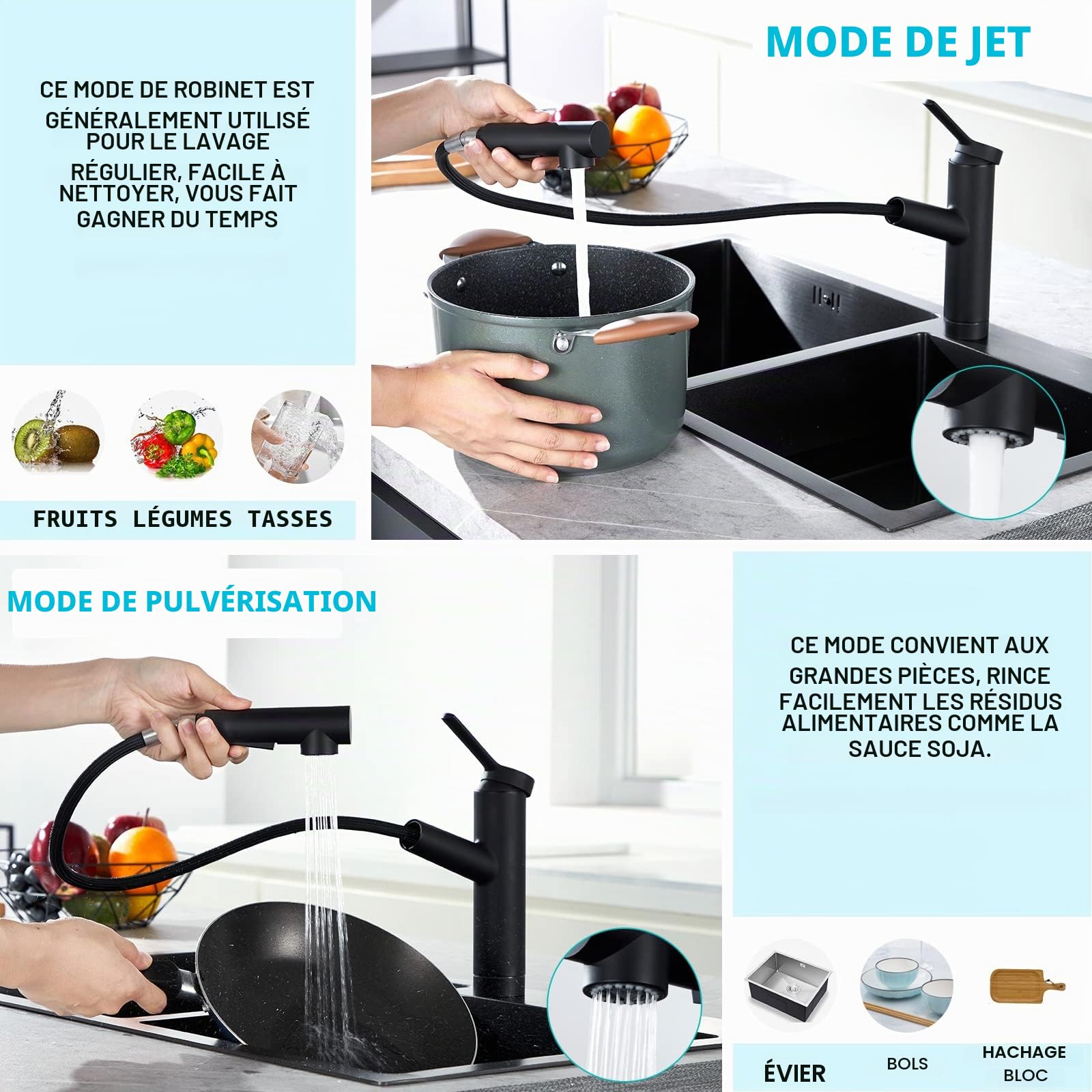 CREA Robinets de bar de cuisine, robinet d'évier de cuisine noir, pulvérisateur extractible utilitaire, petite barre humide, trou de poignée unique, évier commercial moderne pour camping-car, robinet