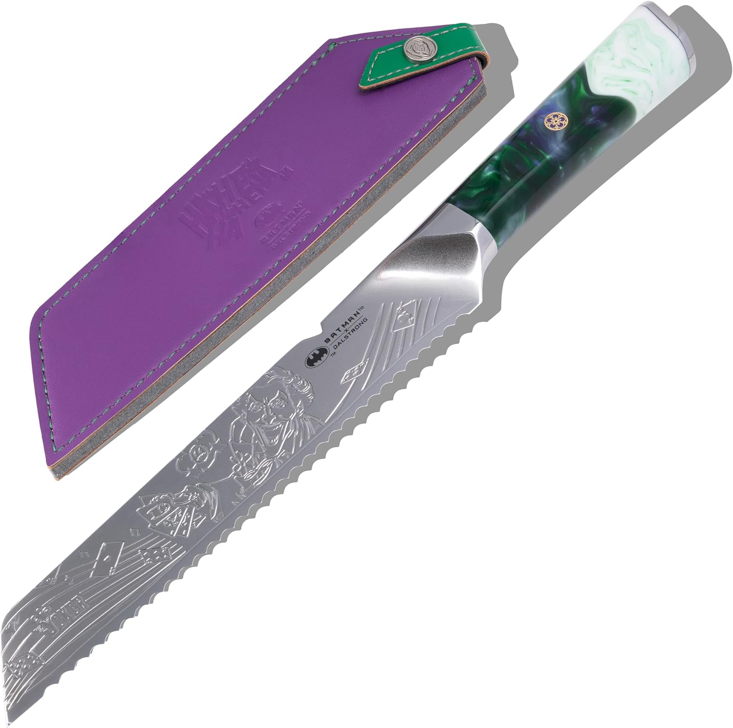 Dalstrong Professional Bread Knife - 8 inch - THE JOKER™ Edition Official License - 5 Layer 9CR18MOV Stainless Steel - Resin Handle - Chef's Serrated Blade - Collection Item - Knife Sheath