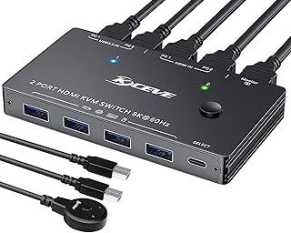 USB 3.0 HDMI KVM Switch 2 Port, 8K@60Hz, HDMI 2.1, HDCP 2.3, KVM Switch 2 Computer 1 Monitor Share 4 USB 3.0 Devices Keyboard Mouse Printer, 2 Cable and Wired Remote