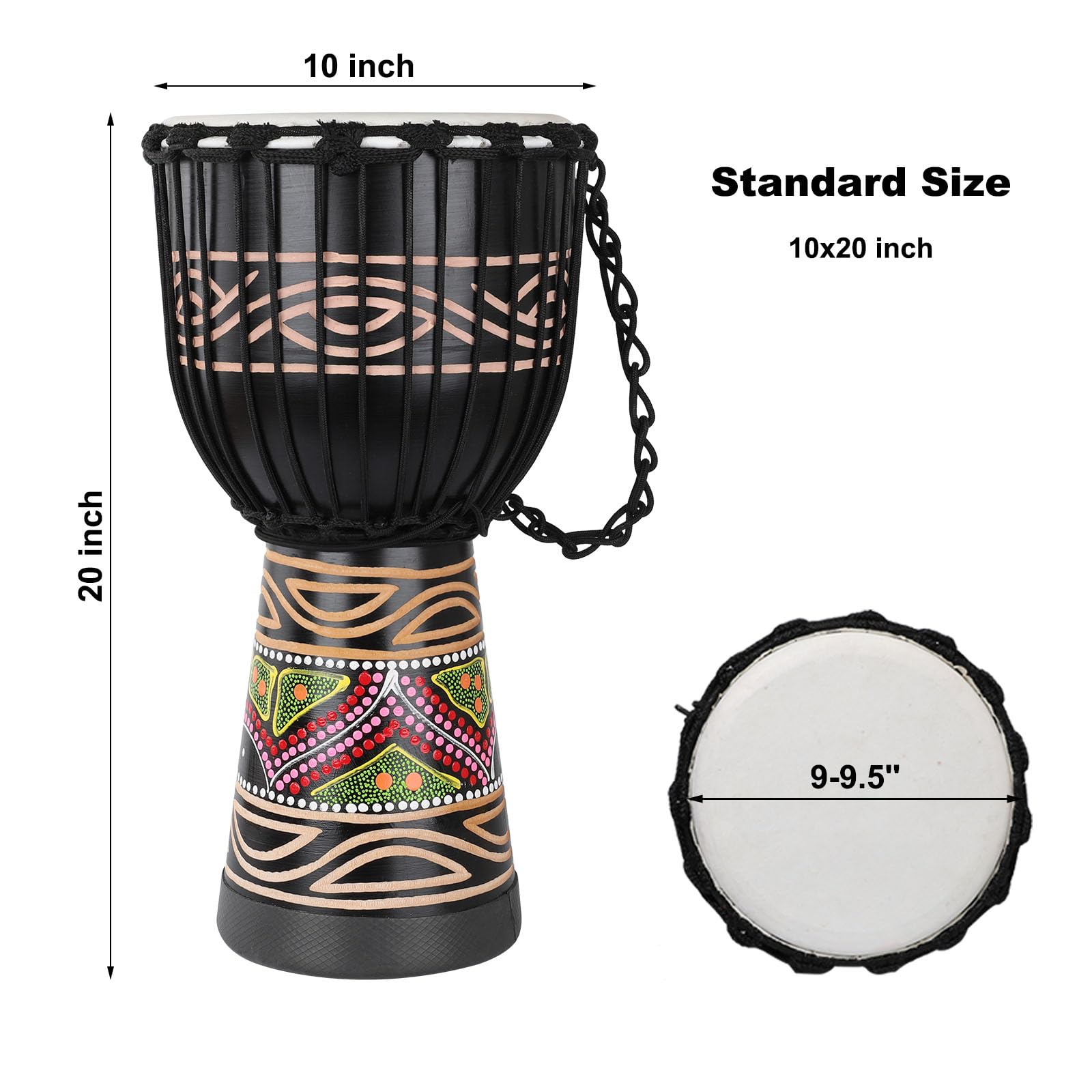 BGMUSER Djembe Drum for Adults,African Drum 10'' x 20'' Mahogany Goatskin Drumhead Hand Drum for Beginners (Black)
