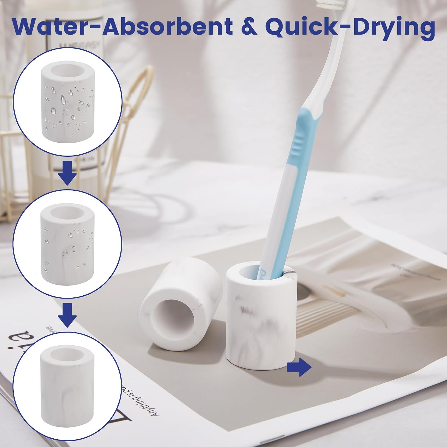 Mini Diatomite Toothbrush Holders for Bathrooms, Quick-Dry Tooth Brush Organizer Compact Portable Toothbrush Holder for Countertop, Marble White