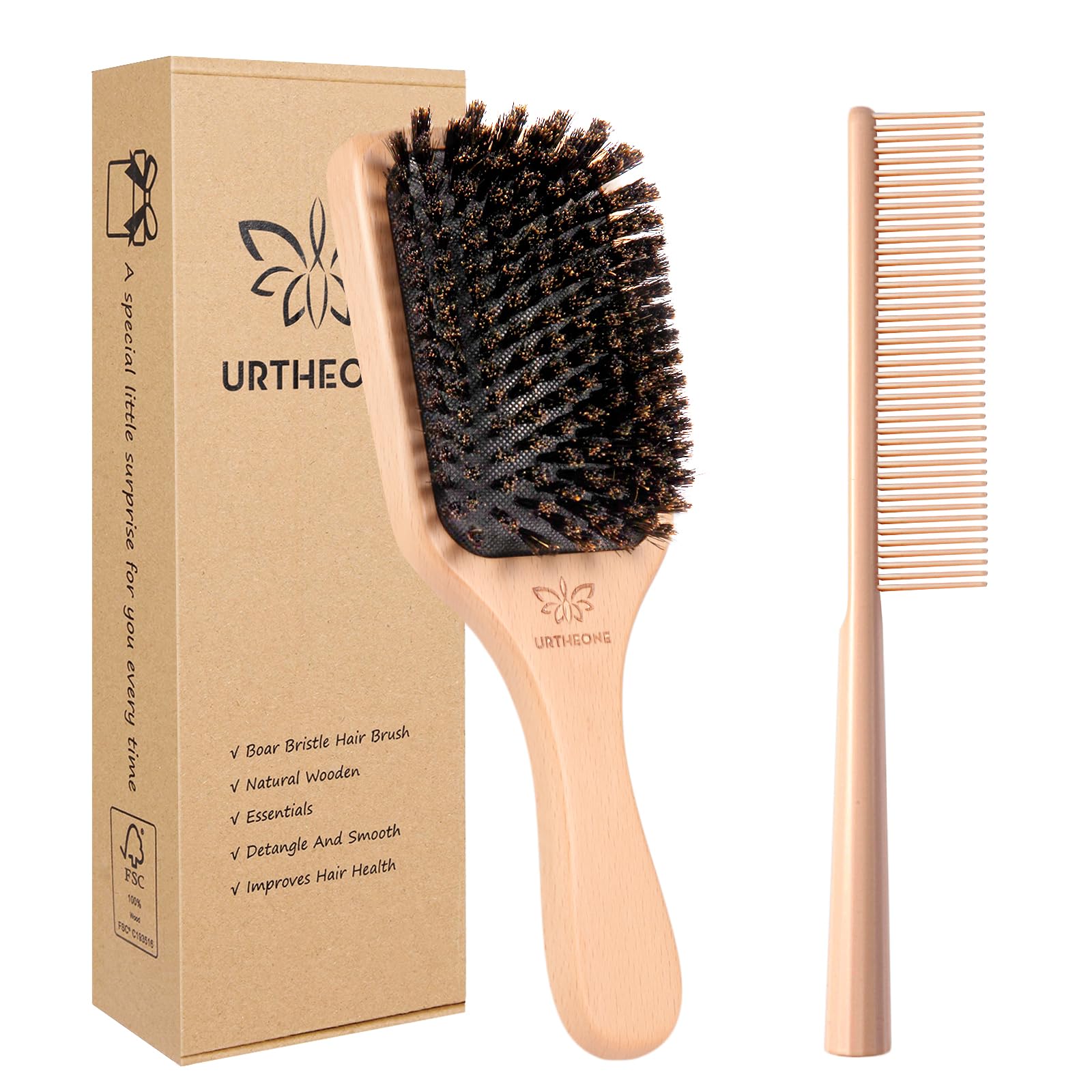 URTHEONE 100% Pure Boar Bristle Hair Brush & Wide Tooth Comb Gift Set including Beechwood Handle for Women Men Kid Fine Thin Short Hair