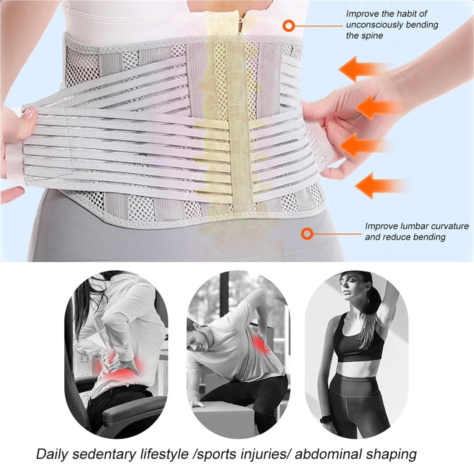 Fascia Lombare Posturale 1 pezzo di supporto for la schiena traspirante, cintura inferiore, sollievo dal dolore con 4 stecche for sollevamento pesi(Gray,L)