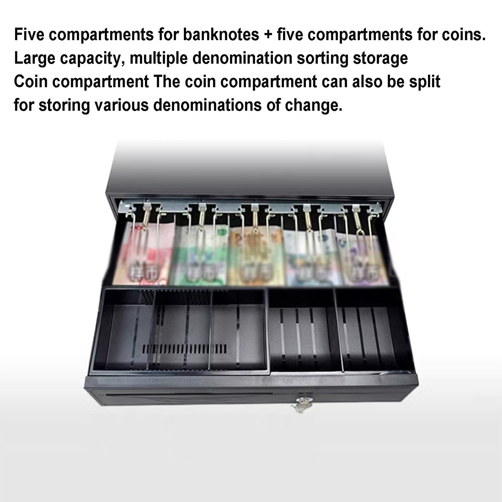 Cajón portamonedas para supermercados, Cajón de Caja registradora pequeño con Apertura Manual por Empuje, Compartimento extraíble for Monedas Bandeja for 5 Billetes y