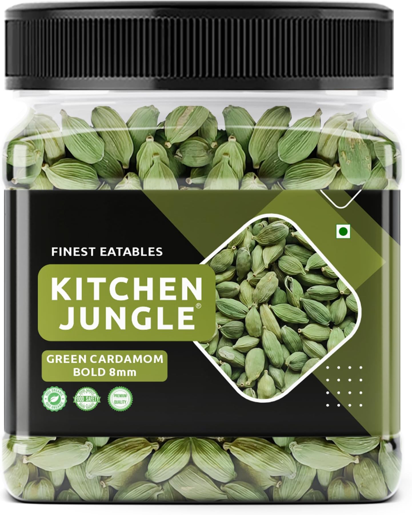 Kitchen Jungle Premium Green Cardamom (Elaichi) 100 Gm - Bold 8mm Size, Aromatic Spice for Culinary Delights