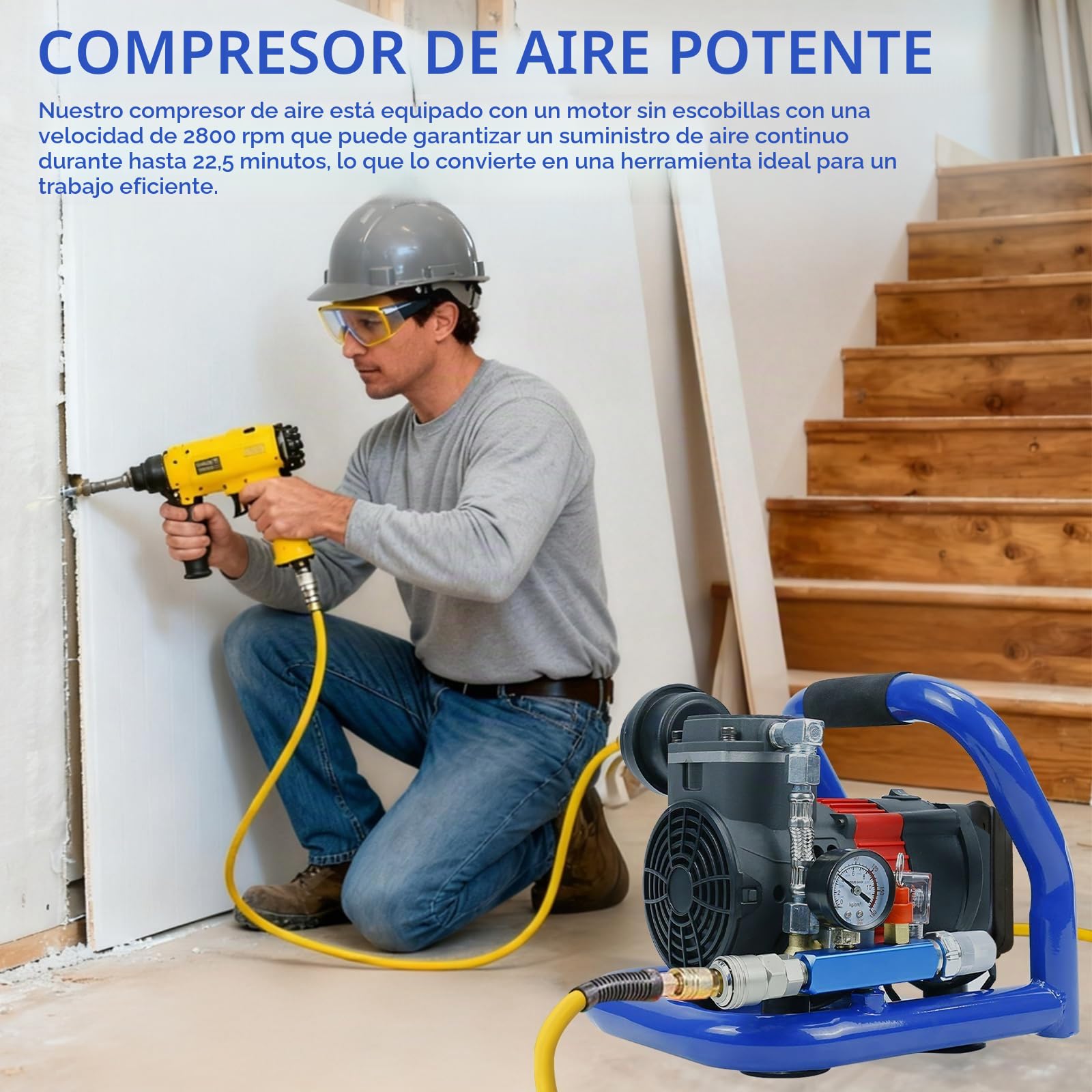 Compresor de Aire a Batería, Compresor Sin Aceite Portátil Silencioso, Presión Máxima 8 Bar, Capacidad de Botella de Gas de 1,5 L, Manómetro, Incluye Batería y Cargador