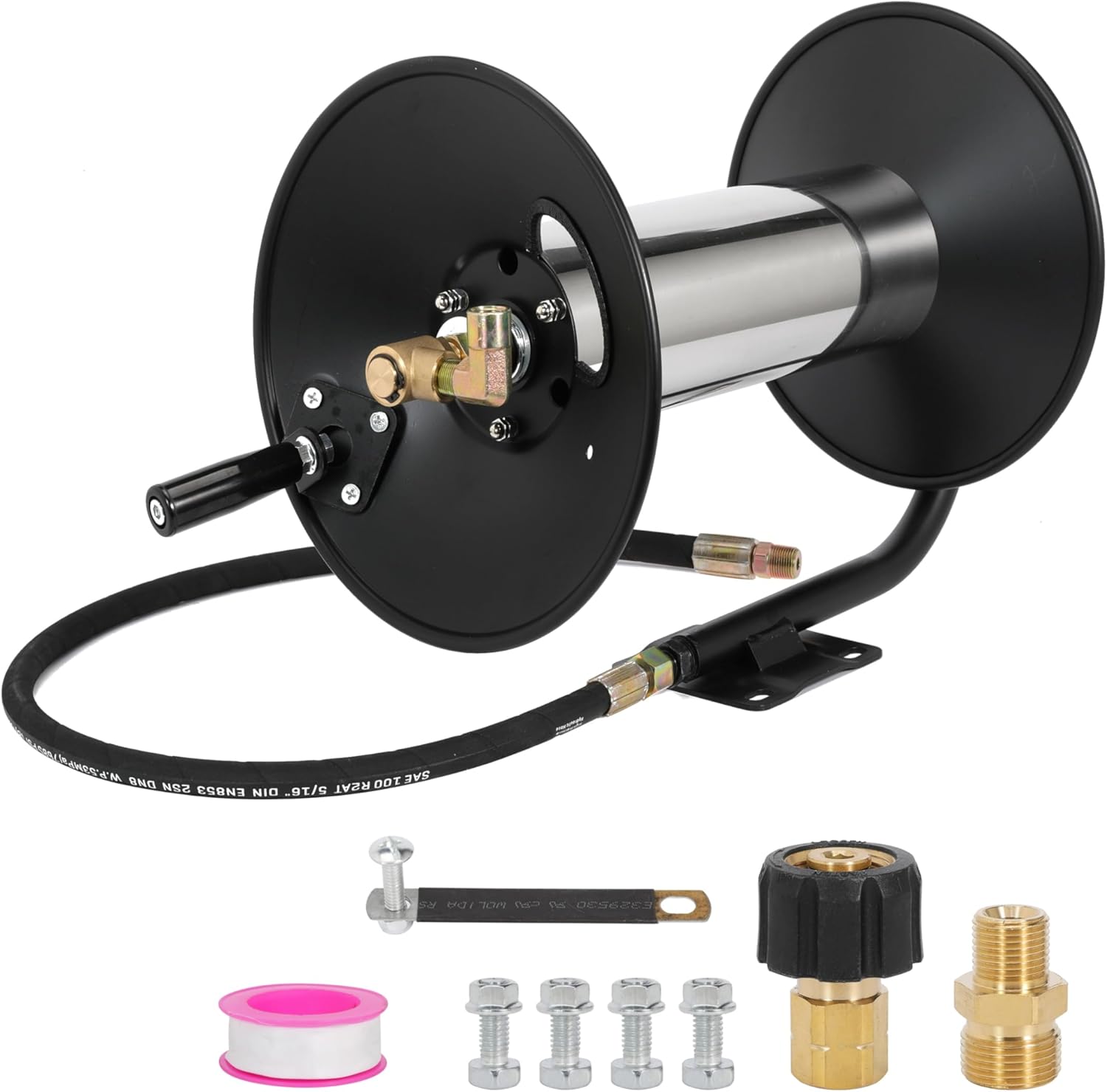 Pressure Washer Hose Reel Power Washer Hose Reel 3/8" NPT Outlet Pipe Heavy Duty Steel High Pressure Washer Reel 4000 PSI with Hand Crank Swivel Arm for Power Washer, 100FT