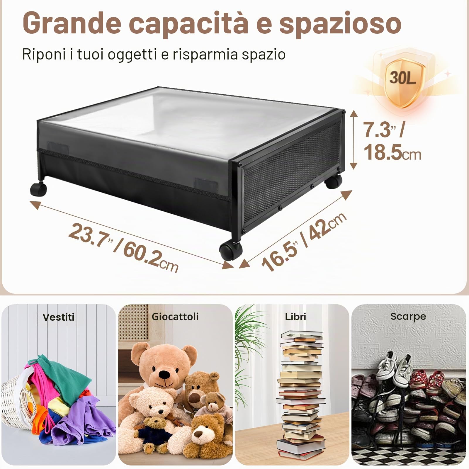 Contenitori Sotto il Letto su Ruote, 4Pcs Sotto il Letto su Rotelle | Coperchio, Scatole per Vestiti, Scarpe, Giocattoli e Coperte