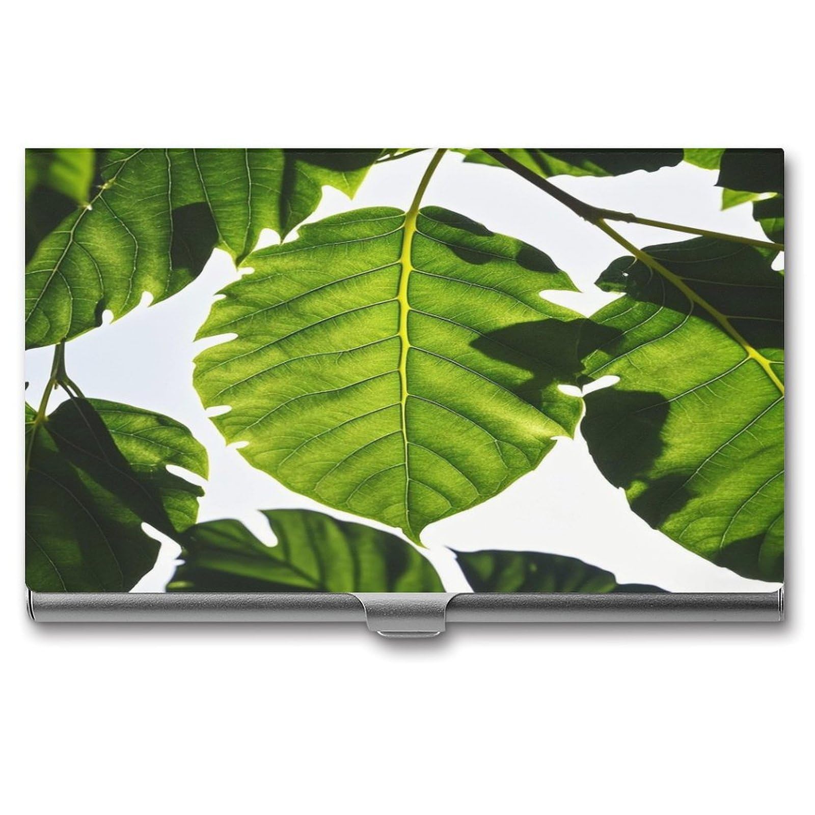 FekiLoot Green Leaves Pattern Business Card Holder Aluminum Alloy Business Card Case Convenient to Carry Business Card Dispenser for Men Women