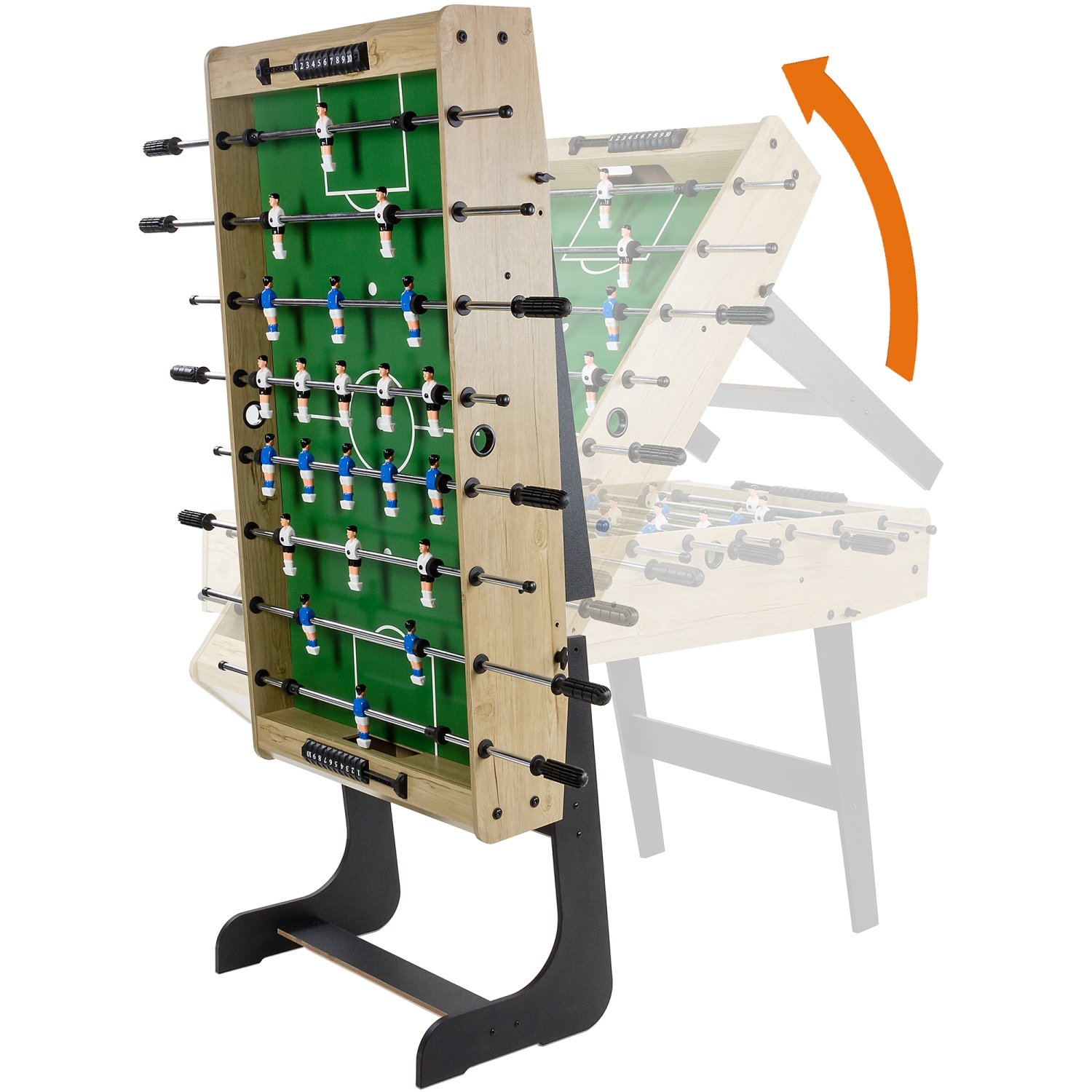 GAMES PLANET Tischfussball „Belfast“, klappbar, Farbvarianten: Schwarz/weiß/Holzdekor hell oder Dunkelbraun/Soccer, nahtlos hochgezogene Spielfeldecken, inkl. 2 Bälle, Kicker Kickertisch Tischkicker