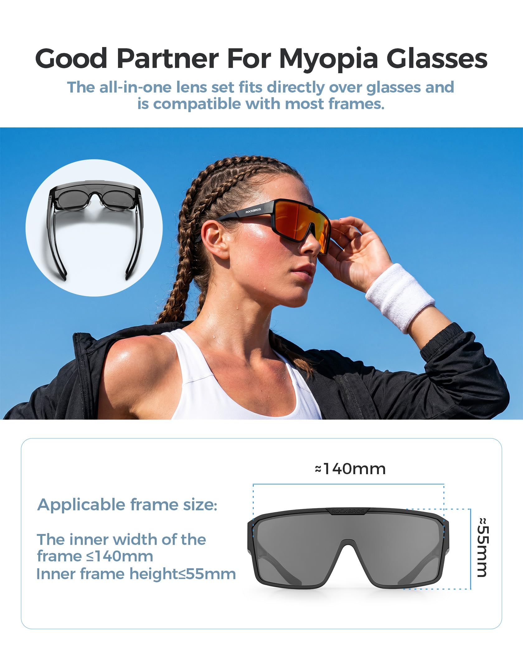 ROCKBROS Lunettes Soleil Polarisées Sport, Surlunette de Cyclisme Polarisées Anti-UV400 Verres TAC Cadre PC pour Homme Femme Vélo VTT Pêche Course Golf Sports de Plein Air