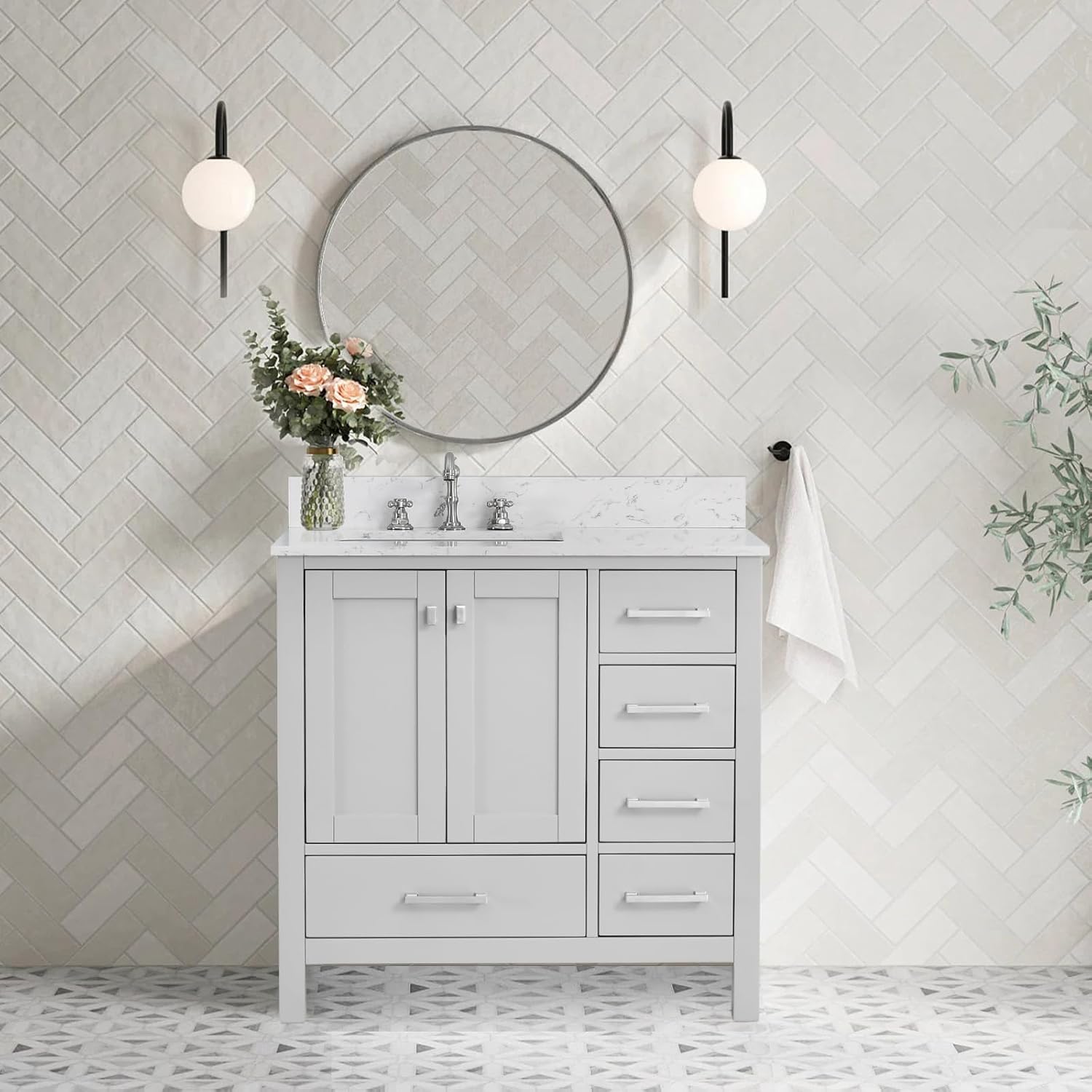 Dornberg 36 in. Bathroom Vanity, Free Standing Single Bathroom Vanity with Sink, Wood Bath Cabinet with Carrara White Engineered Stone Countertop, 2 Doors & 5 Drawers, Full Assembled, Classic Gray