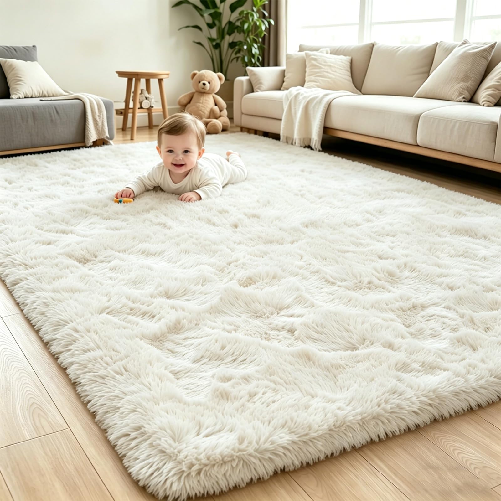 Luoven Ultra Fluffy Rugs Living Room, Large Non-Slip Carpet, Machine Washable Soft Shaggy Thick Pile Bedroom Rug for Bedside, Nursery - Creme, 160 x 230 cm