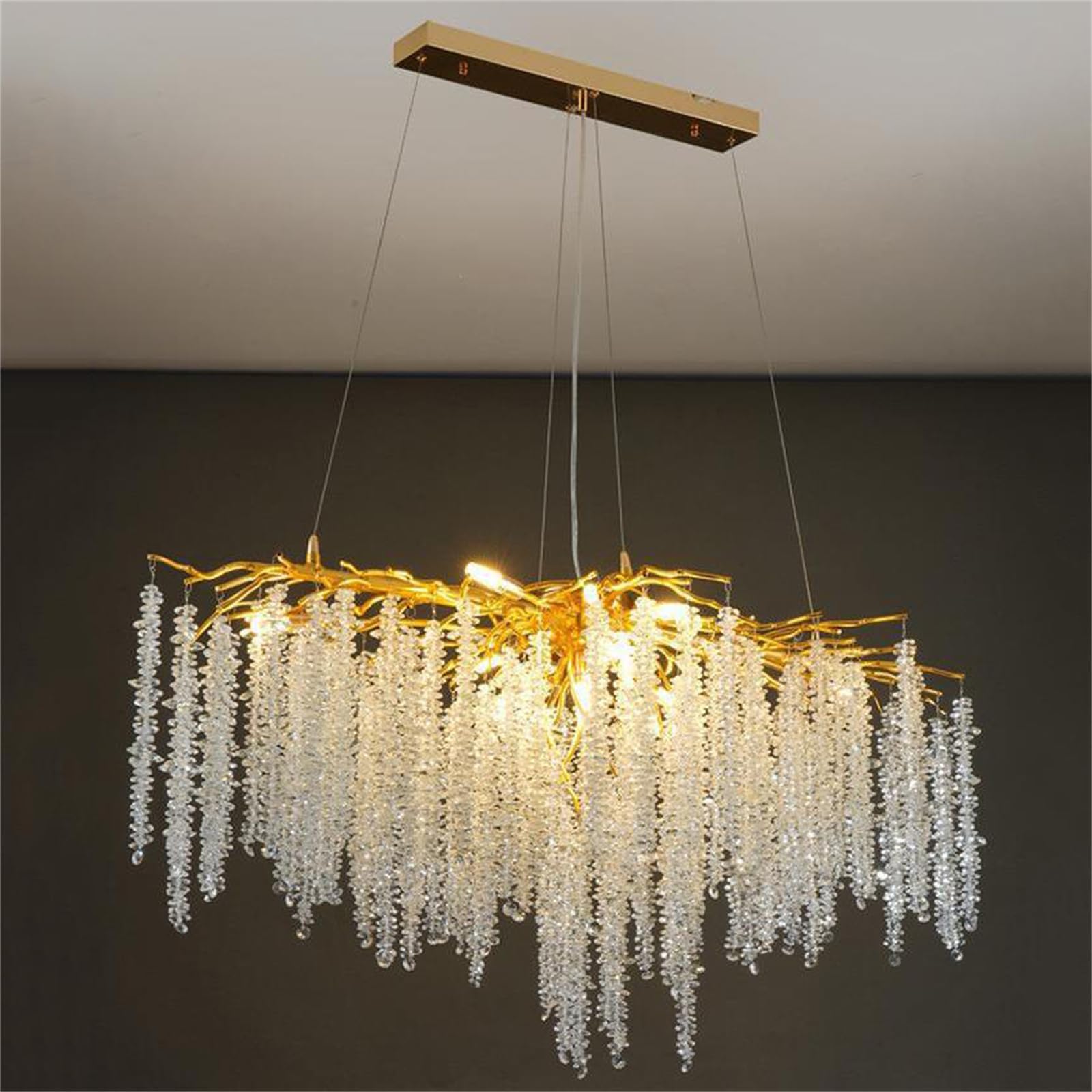 MESOVFCA Modern Crystal Tree Branches Chandeliers Gold Luxury Raindrop Pendant Light Fixture Tassel Ceiling Hanging Light for Dining Room Bedroom Living Room Entryway,Rectangular L100cm
