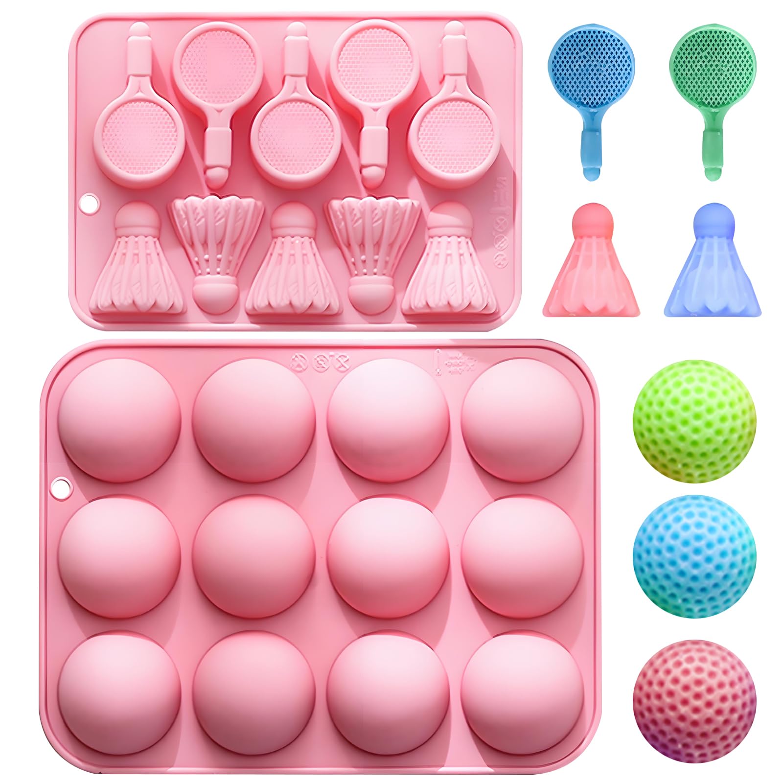 Silikon-Backformen-Set, Badminton & Halbkugel, 2er-Set | Schläger & Federball, 12 Halbkugeln, Schokoladenform, Lebensmittelecht, Rosa