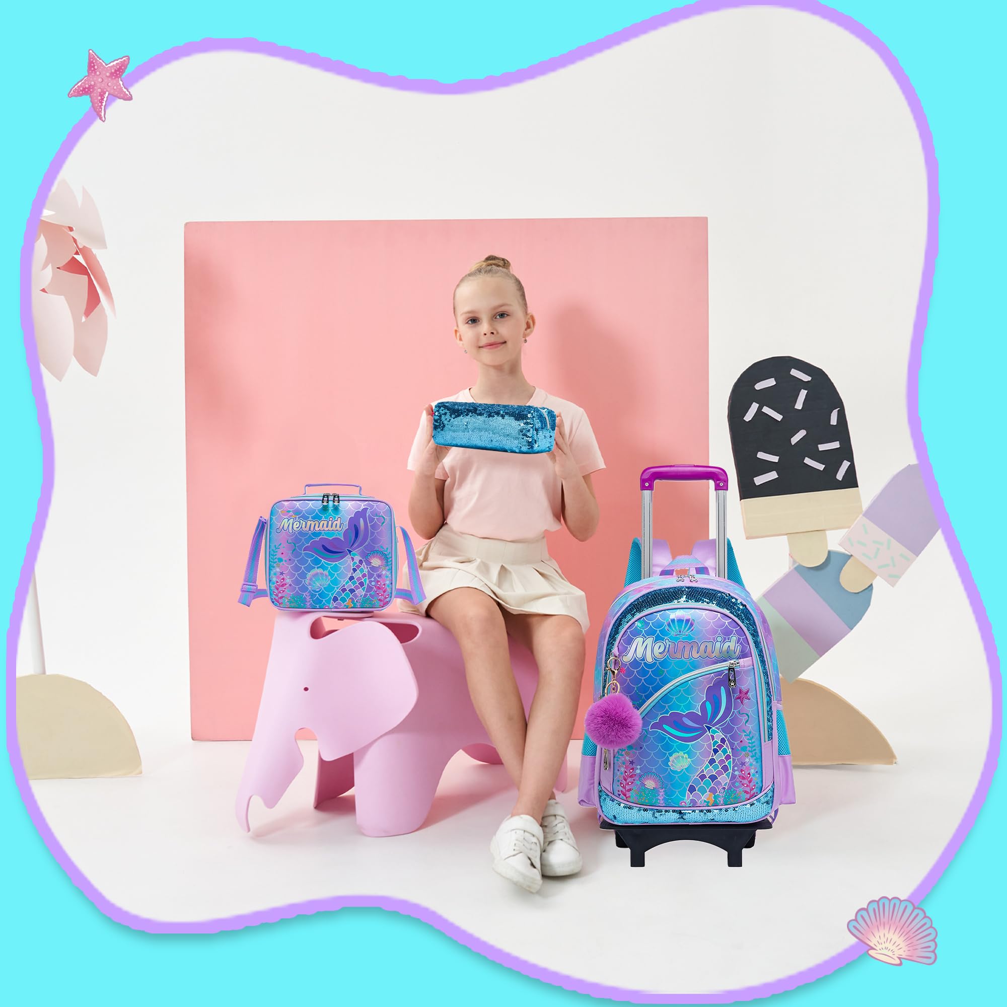HTgroce Trolley Schulranzen Rucksack Schulrucksack Trolley Schultrolley Schulranzen Mädchen Groß Trolley Schultasche Rucksack mit Rollen für Mädchens Kinder