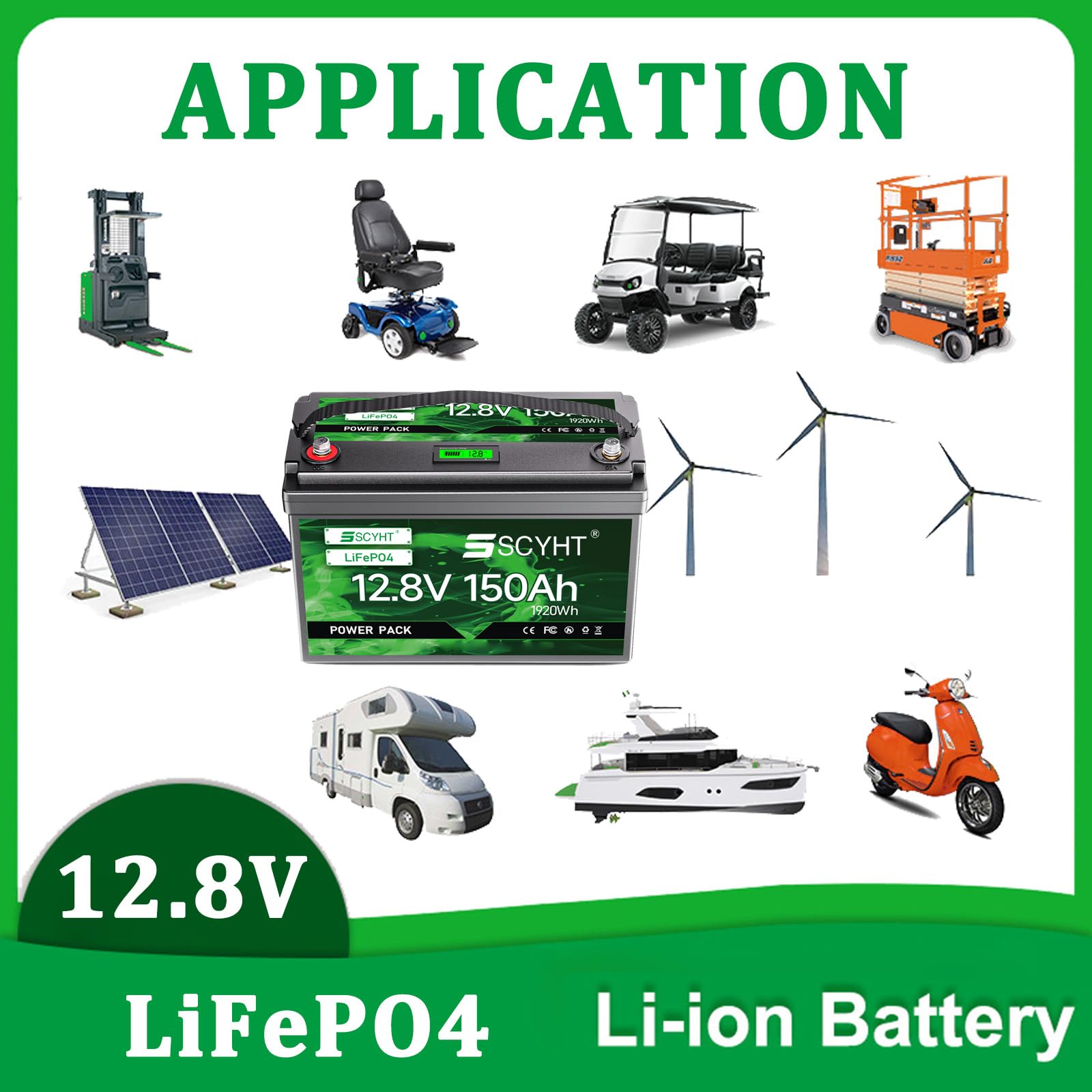 Batería repuesto 12,8 V Batería litio 150 Ah Baterías de iones de litio 12,8 V y 150 Ah Baterías LiFePO4 para energía solar para motores 250 W a 2000 W con BMS y pantalla