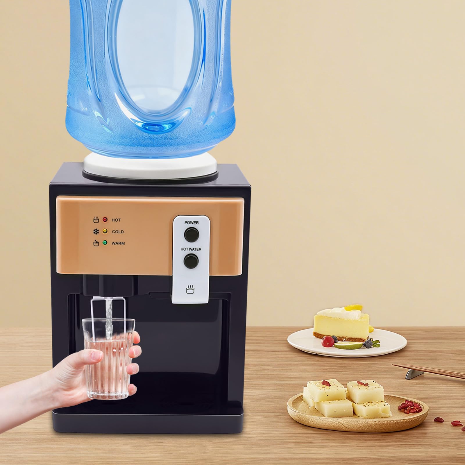 Distributore di acqua calda e fredda da tavolo, 550 W, raffreddamento a 8 °C, riscaldamento a 95 °C, dispenser elettrico per ufficio e casa, compatibile con bottiglie da 3,5-18,9 l, serbatoio in